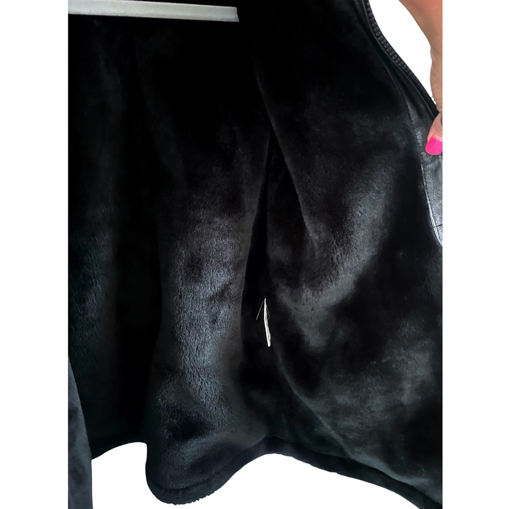 WILDA Genuine Leather Coat Womens XL Blk Belted Faux Fur Collar Trim Vintage 90s - Picture 5 of 7